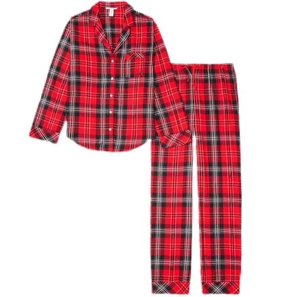 Victoria’s Secret Shimmer Cotton Flannel long sleeve pajama set Red Plaid - Picture 3 of 3